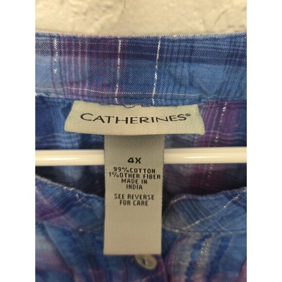 Catherines Women's Button Down Sequins Size 4X Plaid Long Sleeves Round Neck - Picture 2 of 5